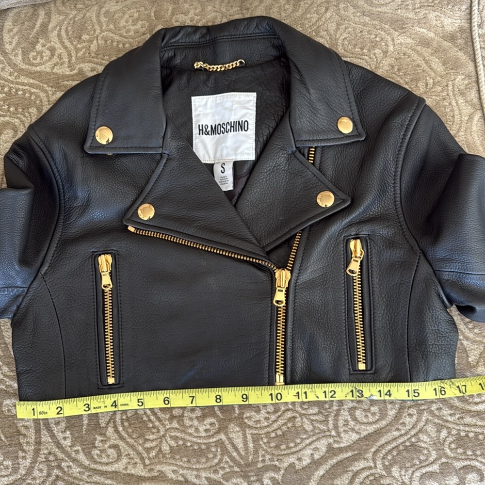 HM Moschino Black Leather Jacket with Gold Accents - Picture 10 of 14
